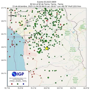 Mapa sísmico del sismo de magnitud 4 a 82 km al SE de Tacna, Tacna - Tacna, Perú