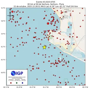 Mapa sísmico del sismo de magnitud 4 a 82 km al SO de Sechura, Sechura - Piura, Perú