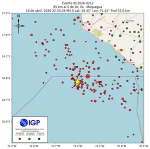Mapa sísmico del sismo de magnitud 4 a 85 km al S de Ilo, Ilo - Moquegua, Perú
