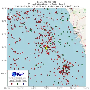 Mapa sísmico del sismo de magnitud 4 a 85 km al SO de Chimbote, Santa - Áncash, Perú