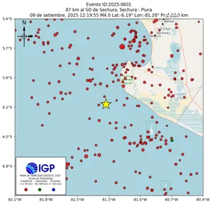 Mapa sísmico del sismo de magnitud 4 a 87 km al SO de Sechura, Sechura - Piura, Perú
