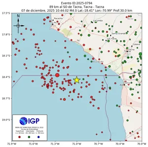 Mapa sísmico del sismo de magnitud 4 a 89 km al SO de Tacna, Tacna - Tacna, Perú