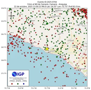 Mapa sísmico del sismo de magnitud 4 a 9 km al NO de Camaná, Camaná - Arequipa, Perú
