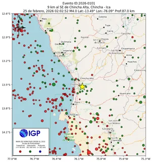 Mapa sísmico del sismo de magnitud 4 a 9 km al SE de Chincha Alta, Chincha - Ica, Perú