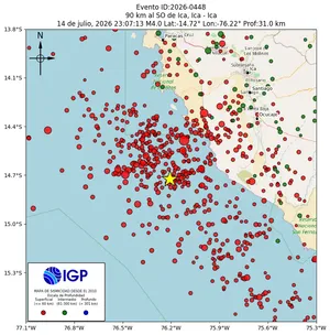 Mapa sísmico del sismo de magnitud 4 a 90 km al SO de Ica, Ica - Ica, Perú