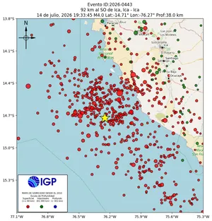 Mapa sísmico del sismo de magnitud 4 a 92 km al SO de Ica, Ica - Ica, Perú