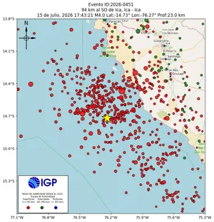 Mapa sísmico del sismo de magnitud 4 a 94 km al SO de Ica, Ica - Ica, Perú
