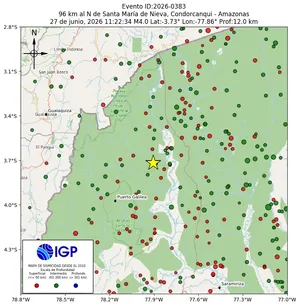Mapa sísmico del sismo de magnitud 4 a 96 km al N de Santa María de Nieva, Condorcanqui - Amazonas, Perú