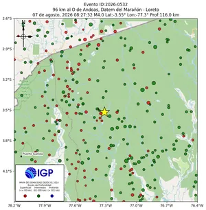 Mapa sísmico del sismo de magnitud 4 a 96 km al O de Andoas, Datem del Marañón - Loreto, Perú