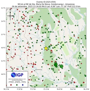 Mapa sísmico del sismo de magnitud 4 a 98 km al NE de Sta. Maria De Nieva, Condorcanqui - Amazonas, Perú