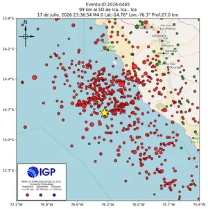 Mapa sísmico del sismo de magnitud 4 a 99 km al SO de Ica, Ica - Ica, Perú