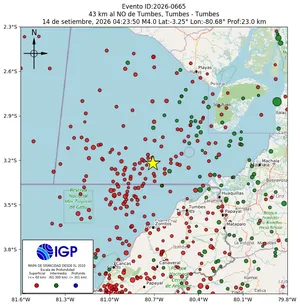 Mapa sísmico del sismo de magnitud 4 a 43 km al NO de Tumbes, Tumbes - Tumbes, Perú