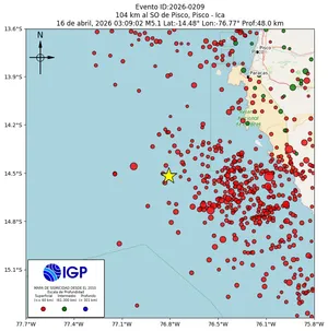 Mapa sísmico del sismo de magnitud 5.1 a 104 km al SO de Pisco, Pisco - Ica, Perú