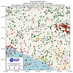 Mapa sísmico del sismo de magnitud 5.1 a 18 km al O de Aplao, Castilla - Arequipa, Perú