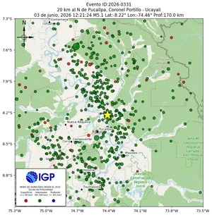 Mapa sísmico del sismo de magnitud 5.1 a 20 km al N de Pucallpa, Coronel Portillo - Ucayali, Perú