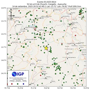 Mapa sísmico del sismo de magnitud 5.1 a 52 km al O de Chuschi, Cangallo - Ayacucho, Perú
