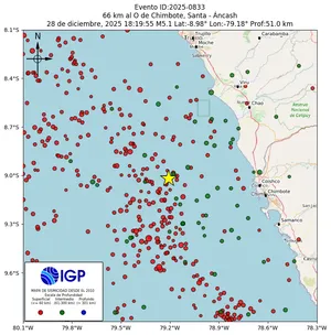 Mapa sísmico del sismo de magnitud 5.1 a 66 km al O de Chimbote, Santa - Áncash, Perú