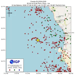 Mapa sísmico del sismo de magnitud 5.1 a 82 km al O de Pisco, Pisco - Ica, Perú