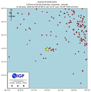 Mapa sísmico del sismo de magnitud 5.2 a 170 km al SO de Huarmey, Huarmey - Áncash, Perú