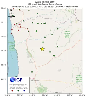 Mapa sísmico del sismo de magnitud 5.2 a 192 km al S de Tacna, Tacna - Tacna, Perú