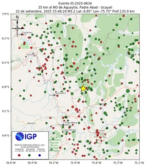 Mapa sísmico del sismo de magnitud 5.2 a 35 km al NO de Aguaytia, Padre Abad - Ucayali, Perú