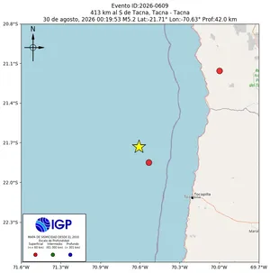 Mapa sísmico del sismo de magnitud 5.2 a 413 km al S de Tacna, Tacna - Tacna, Perú