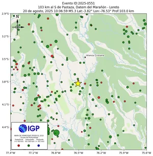 Mapa sísmico del sismo de magnitud 5.3 a 103 km al S de Pastaza, Datem del Marañón - Loreto, Perú