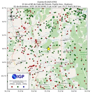 Mapa sísmico del sismo de magnitud 5.3 a 21 km al NE de Codo del Pozuzo, Puerto Inca - Huánuco, Perú
