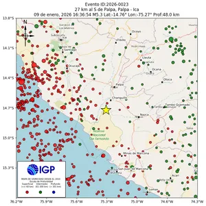Mapa sísmico del sismo de magnitud 5.3 a 27 km al S de Palpa, Palpa - Ica, Perú