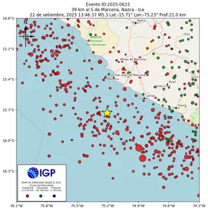 Mapa sísmico del sismo de magnitud 5.3 a 39 km al S de Marcona, Nazca - Ica, Perú