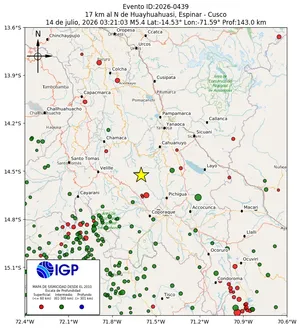 Mapa sísmico del sismo de magnitud 5.4 a 17 km al N de Huayhuahuasi, Espinar - Cusco, Perú