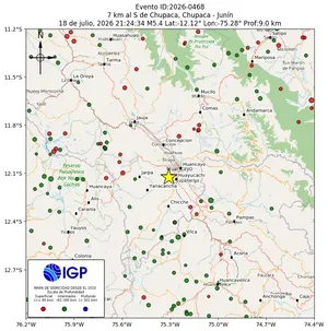 Mapa sísmico del sismo de magnitud 5.4 a 7 km al S de Chupaca, Chupaca - Junín, Perú