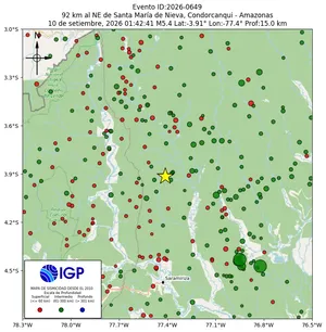 Mapa sísmico del sismo de magnitud 5.4 a 92 km al NE de Santa María de Nieva, Condorcanqui - Amazonas, Perú