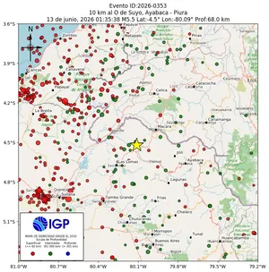 Mapa sísmico del sismo de magnitud 5.5 a 10 km al O de Suyo, Ayabaca - Piura, Perú