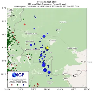 Mapa sísmico del sismo de magnitud 5.5 a 117 km al N de Esperanza, Purus - Ucayali, Perú