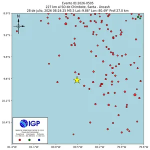 Mapa sísmico del sismo de magnitud 5.5 a 227 km al SO de Chimbote, Santa - Áncash, Perú