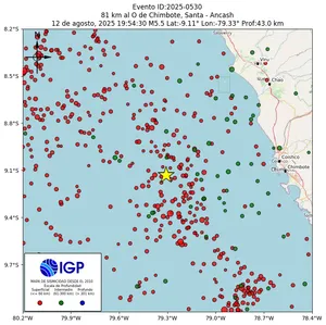 Mapa sísmico del sismo de magnitud 5.5 a 81 km al O de Chimbote, Santa - Ancash, Perú