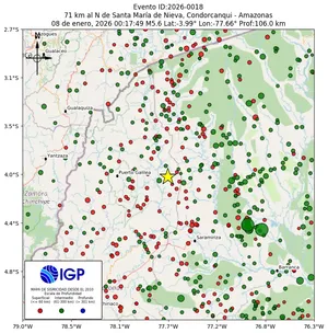 Mapa sísmico del sismo de magnitud 5.6 a 71 km al N de Santa María de Nieva, Condorcanqui - Amazonas, Perú