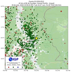 Mapa sísmico del sismo de magnitud 5.7 a 42 km al NE de Pucallpa, Coronel Portillo - Ucayali, Perú
