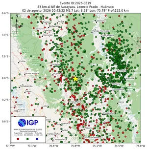 Mapa sísmico del sismo de magnitud 5.7 a 53 km al NE de Aucayacu, Leoncio Prado - Huánuco, Perú