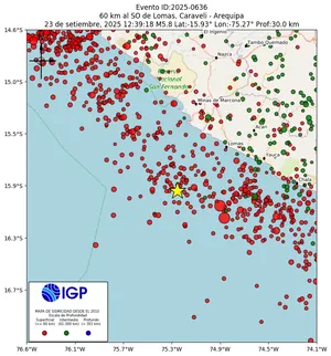 Mapa sísmico del sismo de magnitud 5.8 a 60 km al SO de Lomas, Caraveli - Arequipa, Perú