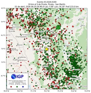 Mapa sísmico del sismo de magnitud 5.9 a 19 km al S de Picota, Picota - San Martín, Perú