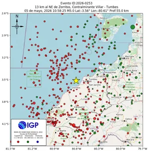 Mapa sísmico del sismo de magnitud 5 a 13 km al NE de Zorritos, Contralmirante Villar - Tumbes, Perú