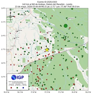 Mapa sísmico del sismo de magnitud 5 a 142 km al NO de Andoas, Datem del Marañón - Loreto, Perú