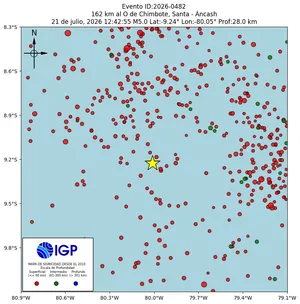 Mapa sísmico del sismo de magnitud 5 a 162 km al O de Chimbote, Santa - Áncash, Perú