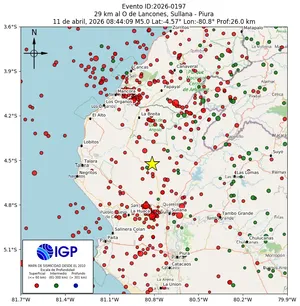 Mapa sísmico del sismo de magnitud 5 a 29 km al O de Lancones, Sullana - Piura, Perú