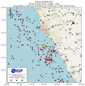 Mapa sísmico del sismo de magnitud 5 a 36 km al O de Chilca, Cañete - Lima, Perú