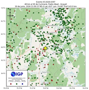 Mapa sísmico del sismo de magnitud 5 a 48 km al SE de Curimaná, Padre Abad - Ucayali, Perú