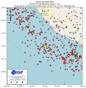 Mapa sísmico del sismo de magnitud 5 a 50 km al S de Marcona, Nasca - Ica, Perú