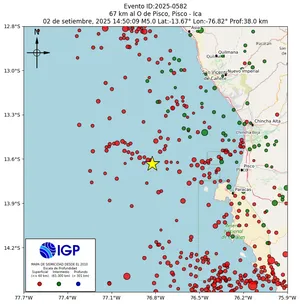 Mapa sísmico del sismo de magnitud 5 a 67 km al O de Pisco, Pisco - Ica, Perú